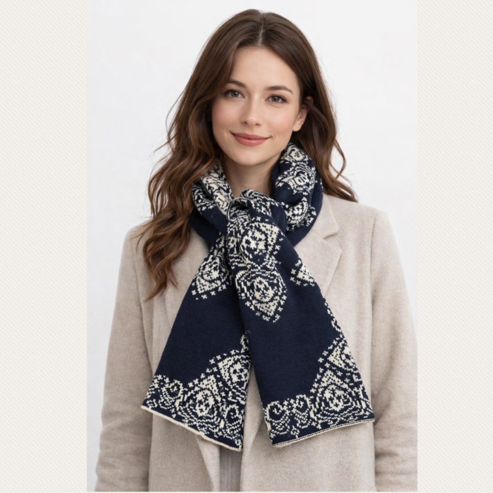 Vintage Knit Scarf Fair Isle Pattern Ornate Print Winter Design Navy Cream Beige - Picture 13 of 13
